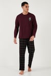 Ekoseli Regular Fit Yüksek Bel Cepli Bisiklet Yaka Erkek Pijama Takımı 6574002 SİYAH-BORDO