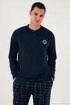 Ekoseli Yumuşak Dokulu Regular Fit Uzun Kollu Erkek Pijama Takımı 609611030 LACİVERT