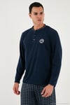 Ekoseli Yumuşak Dokulu Regular Fit Uzun Kollu Erkek Pijama Takımı 609611030 LACİVERT-GRİ