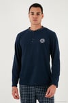 Ekoseli Yumuşak Dokulu Regular Fit Uzun Kollu Erkek Pijama Takımı 609611030 LACİVERT-GRİ