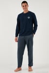 Ekoseli Yumuşak Dokulu Regular Fit Uzun Kollu Erkek Pijama Takımı 609611030 LACİVERT-GRİ