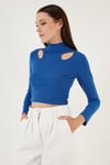 Esnek Slim Fit Cut Out Pencereli Dik Yaka Crop Kadın Bluz 5865348 SAKS