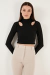 Esnek Slim Fit Cut Out Pencereli Dik Yaka Crop Kadın Bluz 5865348 SİYAH