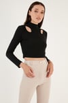 Esnek Slim Fit Cut Out Pencereli Dik Yaka Crop Kadın Bluz 5865348 SİYAH