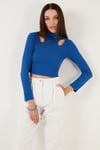 Esnek Slim Fit Cut Out Pencereli Dik Yaka Crop Kadın Bluz 5865348 SAKS