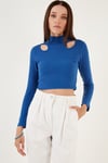 Esnek Slim Fit Cut Out Pencereli Dik Yaka Crop Kadın Bluz 5865348 SAKS