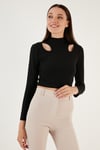Esnek Slim Fit Cut Out Pencereli Dik Yaka Crop Kadın Bluz 5865348 SİYAH