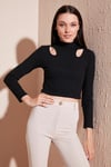 Esnek Slim Fit Cut Out Pencereli Dik Yaka Crop Kadın Bluz 5865348 SİYAH