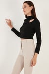 Esnek Slim Fit Cut Out Pencereli Dik Yaka Crop Kadın Bluz 5865348 SİYAH