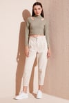 Esnek Slim Fit Cut Out Pencereli Dik Yaka Crop Kadın Bluz 5865348 Olive