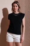 Fashion Friends % 100 Pamuk Standart Fit Bisiklet Yaka Taşlı Kadın Bluz 25Y0472K1 SİYAH