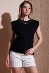 Fashion Friends % 100 Pamuk Standart Fit Bisiklet Yaka Taşlı Kadın Bluz 25Y0472K1 SİYAH
