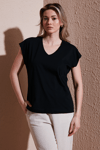Fashion Friends % 100 Pamuk Standart Fit V Yaka Güpür Detaylı Bayan Bluz 25Y0540K1 SİYAH