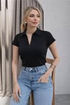 Fashion Friends Pamuklu Fermuarlı Kadın Polo Yaka T Shirt 26Y0332K1 SİYAH