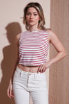 Fashion Friends Pamuklu Slim Fit Bisiklet Yaka Bayan Crop 25Y0326K1 Kırmızı Çizgili