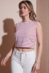 Fashion Friends Pamuklu Slim Fit Bisiklet Yaka Bayan Crop 25Y0326K1 Kırmızı Çizgili