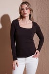 Fashion Friends Pamuklu Slim Fit Kare Yaka Bayan Bluz 25K0019K1 KAHVE