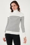 Fashion Friends Regular Fit Balıkçı Yaka Düğme Detaylı Bayan Kazak 25K0024K1 Ekru Çizgili