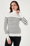 Fashion Friends Regular Fit Balıkçı Yaka Düğme Detaylı Bayan Kazak 25K0024K1 Ekru Çizgili