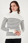 Fashion Friends Regular Fit Balıkçı Yaka Düğme Detaylı Bayan Kazak 25K0024K1 Ekru Çizgili
