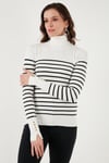 Fashion Friends Regular Fit Balıkçı Yaka Düğme Detaylı Bayan Kazak 25K0024K1 Ekru Çizgili