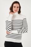 Fashion Friends Regular Fit Balıkçı Yaka Düğme Detaylı Bayan Kazak 25K0024K1 Ekru Çizgili