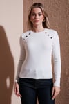 Fashion Friends Regular Fit Bisiklet Yaka Düğme Detaylı Bayan Bluz 25K0252K1 EKRU