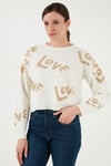 Fashion Friends Regular Fit Sıfır Yaka Simli Kadın Kazak 24K0261K1 EKRU
