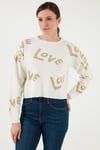 Fashion Friends Regular Fit Sıfır Yaka Simli Kadın Kazak 24K0261K1 EKRU