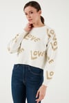 Fashion Friends Regular Fit Sıfır Yaka Simli Kadın Kazak 24K0261K1 EKRU