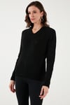 Fashion Friends Regular Fit V Yaka Ajurlu Bayan Kazak 24K0186K1 SİYAH