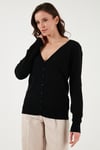 Fashion Friends Regular Fit V Yaka Düğmeli Bayan Hırka 25K0781K1 SİYAH