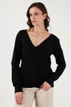 Fashion Friends Regular Fit V Yaka Düğmeli Bayan Hırka 25K0781K1 SİYAH