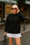 Fashion Friends Taşlı Pamuklu Regular Fit Bisiklet Yaka Bayan Sweat 25K0099K1 SİYAH