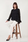 Fırfırlı Relaxed Fit Uzun Kollu Yuvarlak Kadın Bluz 6835049 SİYAH