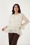 Fırfırlı Relaxed Fit Uzun Kollu Yuvarlak Kadın Bluz 6835049 TAŞ