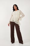Fırfırlı Relaxed Fit Uzun Kollu Yuvarlak Kadın Bluz 6835049 TAŞ