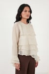 Fırfırlı Relaxed Fit Uzun Kollu Yuvarlak Kadın Bluz 6835049 TAŞ