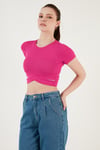 Fitilli Bel Detaylı Kısa Kollu Dar Kesim Crop Kadın Bluz 5864211 FUŞYA