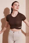 Fitilli Bel Detaylı Kısa Kollu Dar Kesim Crop Kadın Bluz 5864211 KAHVE