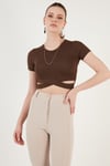 Fitilli Bel Detaylı Kısa Kollu Dar Kesim Crop Kadın Bluz 5864211 KAHVE