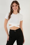 Fitilli Bel Detaylı Kısa Kollu Dar Kesim Crop Kadın Bluz 5864211 EKRU