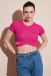Fitilli Bel Detaylı Kısa Kollu Dar Kesim Crop Kadın Bluz 5864211 FUŞYA