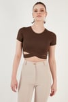 Fitilli Bel Detaylı Kısa Kollu Dar Kesim Crop Kadın Bluz 5864211 KAHVE