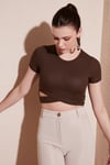 Fitilli Bel Detaylı Kısa Kollu Dar Kesim Crop Kadın Bluz 5864211 KAHVE