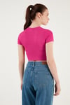 Fitilli Bel Detaylı Kısa Kollu Dar Kesim Crop Kadın Bluz 5864211 FUŞYA