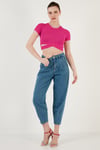 Fitilli Bel Detaylı Kısa Kollu Dar Kesim Crop Kadın Bluz 5864211 FUŞYA