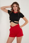 Fitilli Bel Detaylı Kısa Kollu Dar Kesim Crop Kadın Bluz 5864211 SİYAH