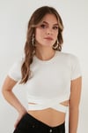 Fitilli Bel Detaylı Kısa Kollu Dar Kesim Crop Kadın Bluz 5864211 EKRU