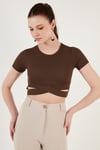 Fitilli Bel Detaylı Kısa Kollu Dar Kesim Crop Kadın Bluz 5864211 KAHVE